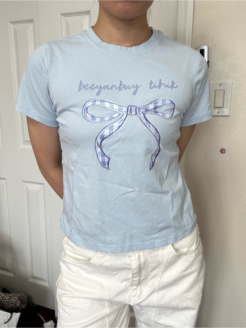 y2k graphic bow tee - baby blue small